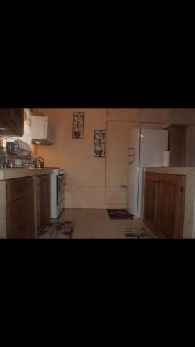 a kitchen with a white refrigerator and wooden cabinets at Beautiful home in Maloney Gardens, Arouca Trinidad in Arouca