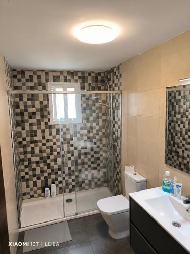 a bathroom with a shower and a toilet and a sink at Can do Penedo 8 in Bueu