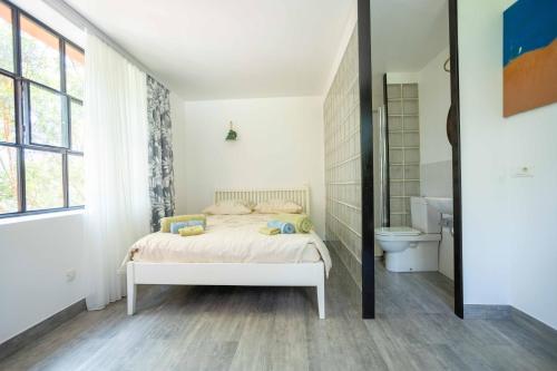 a white bedroom with a bed and a toilet at Villa Les Chants Vallonnés in Spéracèdes