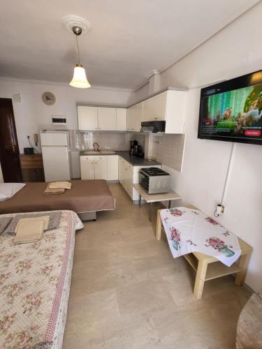a living room with a couch and a tv on the wall at Queen's apartment in Olympiaki Akti