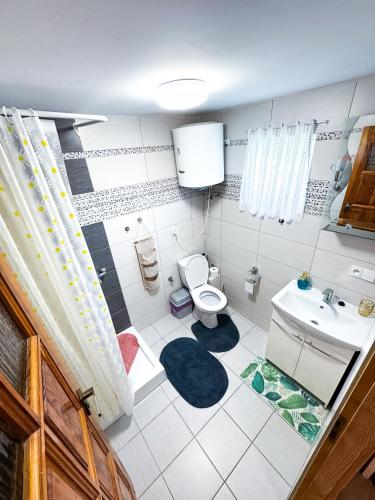 a small bathroom with a toilet and a sink at Domek na wzgórzu in Tabaszowa