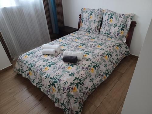a bed with two pillows on it in a bedroom at les 3 songes,fête toléré in Saint-Pierre