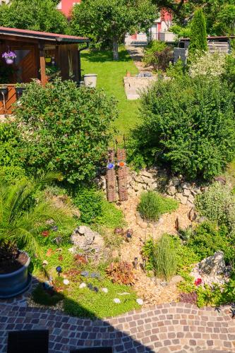 a garden with rocks and plants in a yard at Pension Eger in Treuchtlingen