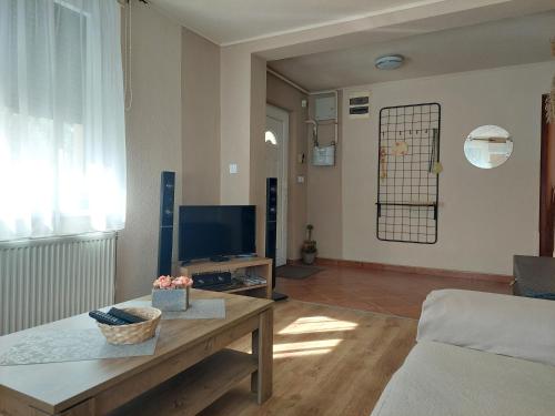 a living room with a couch and a tv at Bodza apartman in Gyula