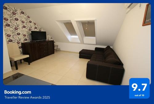 a living room with a couch and a tv at Blonde River Apartman Sőtér Szeged in Szeged