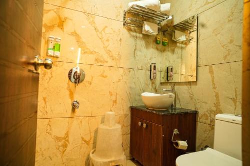 a bathroom with a sink and a toilet and a mirror at Rose Manor suites in Dehradun