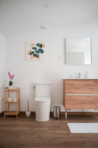 La salle de bains est pourvue de toilettes et d'une commode en bois. dans l'établissement Hygge en Méditerranée, à Salses-le-Chateau