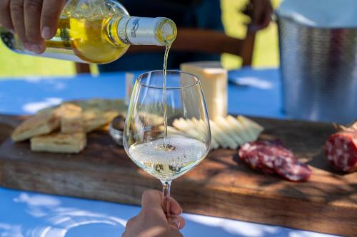 a person pouring white wine into a wine glass at Agriturismo Piperedda in Irgoli