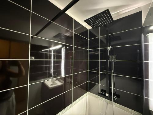 une salle de bain avec des murs en carrelage noir et une douche dans l'établissement Villa Naturiste 