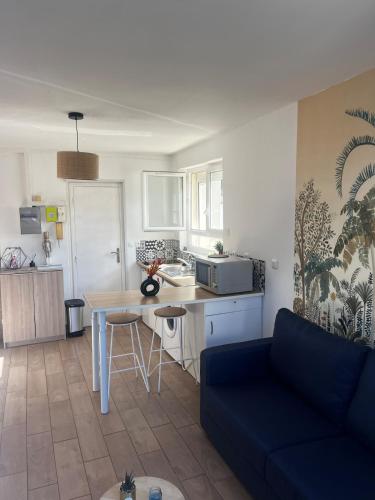 une cuisine et un salon avec un canapé et une table dans l'établissement Studio porte royale, à La Rochelle