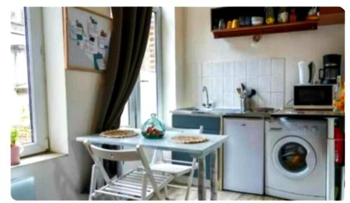 une cuisine avec une table et une machine à laver dans l'établissement Framboise, à Lille