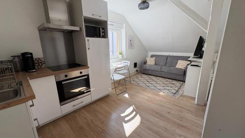 une cuisine et un salon avec un canapé dans l'établissement Studio Arena Metz - 2P - 26 m2, à Metz