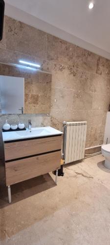 une salle de bain avec un lavabo et des toilettes dans l'établissement Métairie du Château Berthe, à Aussillon