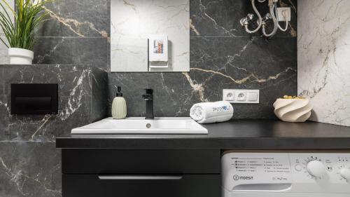 eine Küche mit Spüle und Arbeitsplatte in der Unterkunft Stegna Park II blisko morza Apartamenty Piamola in Stegna