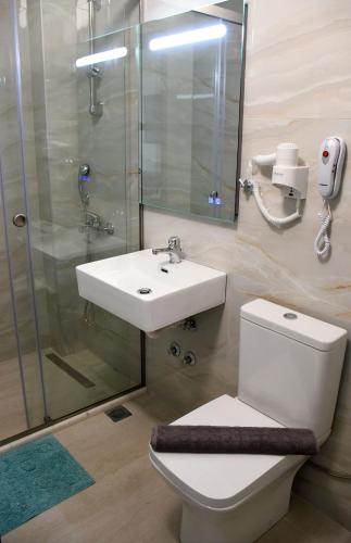 a bathroom with a toilet and a sink and a shower at Theano Luxury Suites Nikiti in Nikiti
