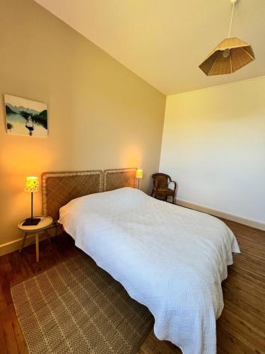 a bedroom with a large white bed and a lamp at Charming country house 