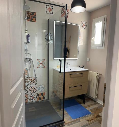 une salle de bain avec une douche, un lavabo et un miroir dans l'établissement Villa au calme, jardin, piscine, jacuzzi, à Saussan