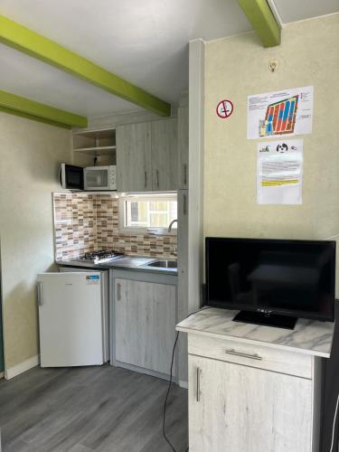 a small kitchen with a stove and a refrigerator at Camping Costa Blanca in El Campello