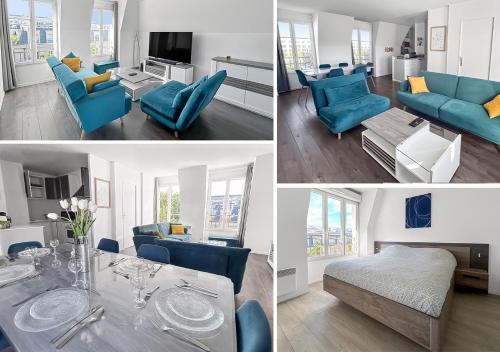 vier verschiedene Ansichten eines Wohnzimmers mit blauen Möbeln in der Unterkunft Appartement lumineux avec terrasse et parking in Chessy