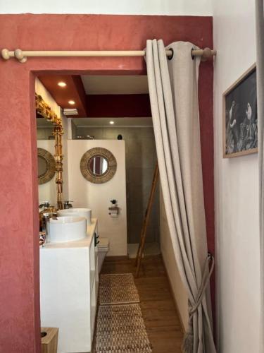 une salle de bain avec un lavabo et un rideau de douche dans l'établissement Maison de caractère pour vacances ou travail, à Teyran