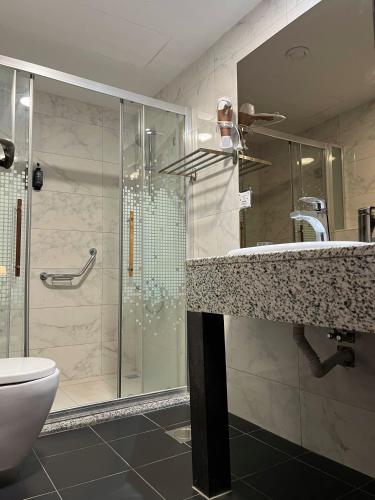 a bathroom with a shower and a sink and a toilet at Strand Hotel Jordan in Amman