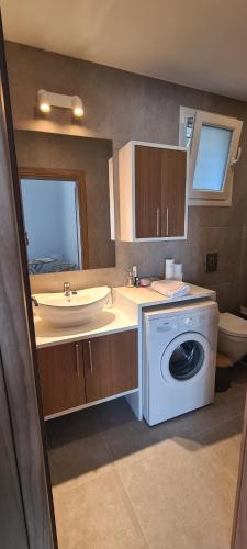 a bathroom with a washing machine and a sink at Anna Maria Mini Villa in Kriopigi