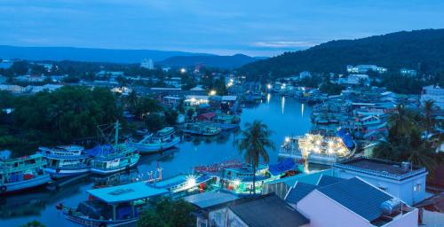 Blue Sky Phu Quoc Hotel في فو كووك: ميناء في الليل مع قوارب في الماء