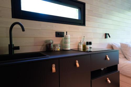 a bathroom with a sink and a counter with a sink at Chic Sauna Cabin Near the Sea - MULIN Cabin Nº05 in Tsitre
