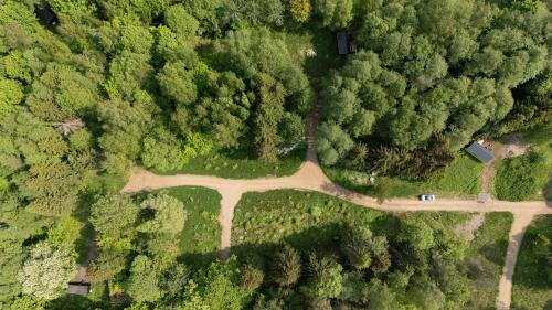 an aerial view of a river in a forest at Chic Sauna Cabin Near the Sea - MULIN Cabin Nº05 in Tsitre