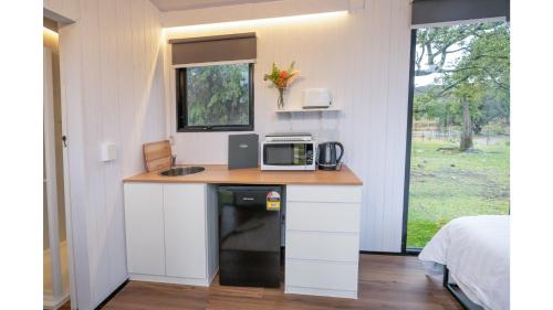 a kitchen with a counter with a microwave on it at Sparkling Tiny House by Tiny Away in Windeyer