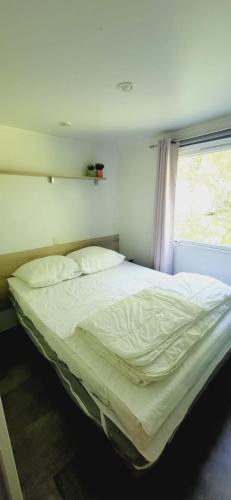 un grand lit dans une chambre avec une fenêtre dans l'établissement Mobil Home 4 6 pers climatisé Camping Eurolac, à Aureilhan