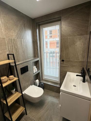 a bathroom with a toilet and a sink and a window at Apartment lilly in Poprad