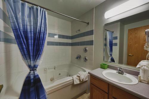 a bathroom with a sink and a shower curtain at Frontier Suites Hotel in Juneau in Juneau