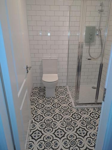 a bathroom with a toilet and a shower at 1A Cathedral Place - Cathedral Townhouses Cobh in Cobh