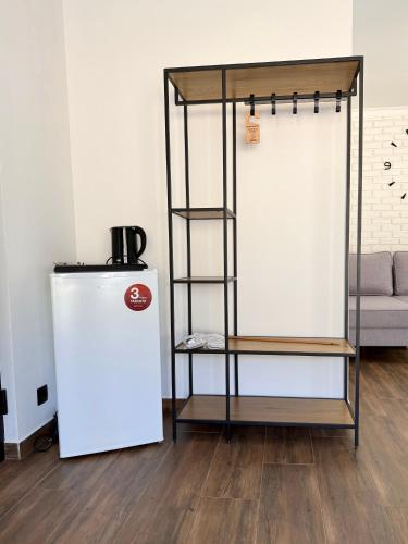 a white refrigerator and a shelf in a room at Шишка in Bukovel