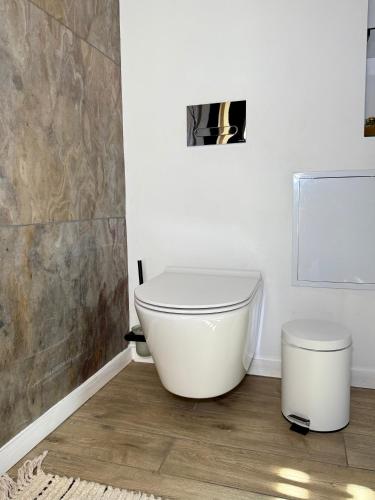 a bathroom with a white toilet and a mirror at Шишка in Bukovel