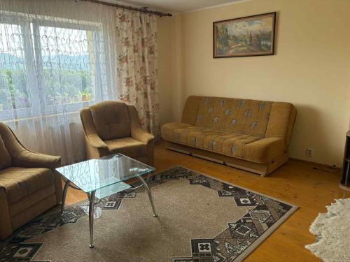 a living room with a couch and chairs and a table at Noclegi w Beskidzie Wyspowym in Przenosza