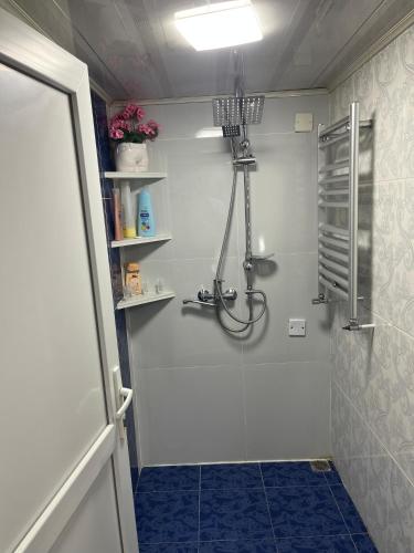 a bathroom with a shower with a glass shower door at Mehriban Guest House in Sheki