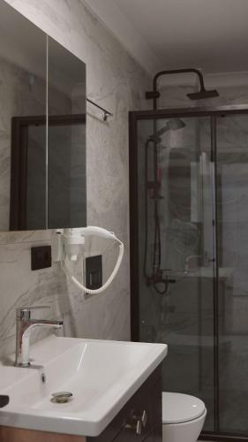a bathroom with a shower and a sink and a toilet at Parna Sapanca Hotel in Sakarya