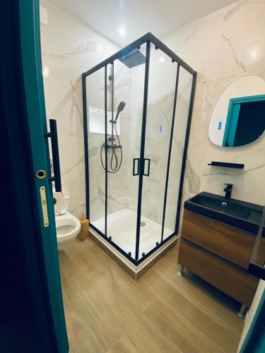 une salle de bain avec une douche, un lavabo et des toilettes dans l'établissement Suites Aronas-hébergements climatisés rive droite plein centre ville, au Grau-du-Roi