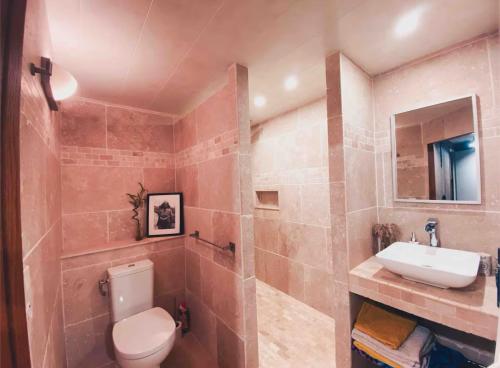 une salle de bain avec toilettes et lavabo dans l'établissement Maison avec grand jardin, à Aubusson