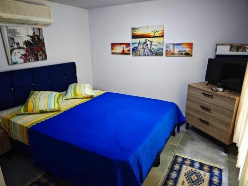 a bedroom with a blue bed and a television at Side Tuana Garden Home in Side