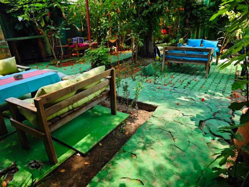 two benches sitting in a garden with green grass at Side Tuana Garden Home in Side