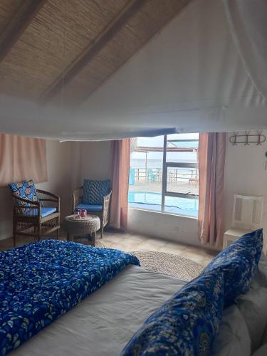 a bedroom with a bed and a view of a pool at Lehani Beach Hostel in Praia do Tofo
