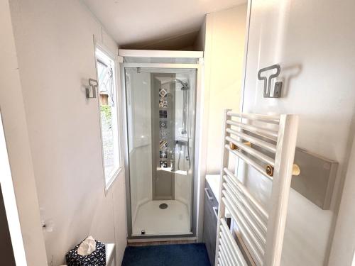 La petite salle de bains est pourvue d'une douche et de toilettes. dans l'établissement Sous les pins du Bassin - Mobile Home avec jardin, à La Teste-de-Buch