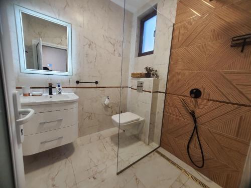 a bathroom with a shower with a toilet and a sink at Вила Винсент - Villa Vincent in Lozenets