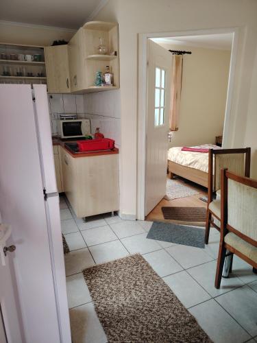 a room with a kitchen and a bedroom with a bed at Margit kulcsoshaz in Rareş
