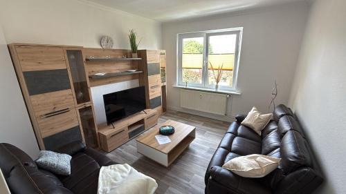 a living room with a leather couch and a television at Alinas Ferienwohnung Güstrow in Güstrow