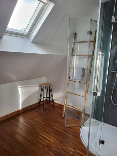 une salle de bain avec une échelle et une douche en verre dans l'établissement Maison de vacance avec piscine, à Villeneuve-dʼAveyron