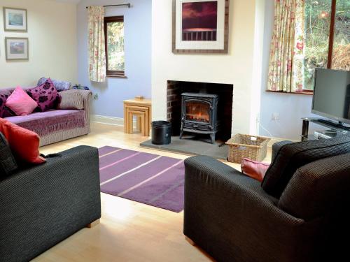 a living room with two couches and a fireplace at Bank End in Glenridding